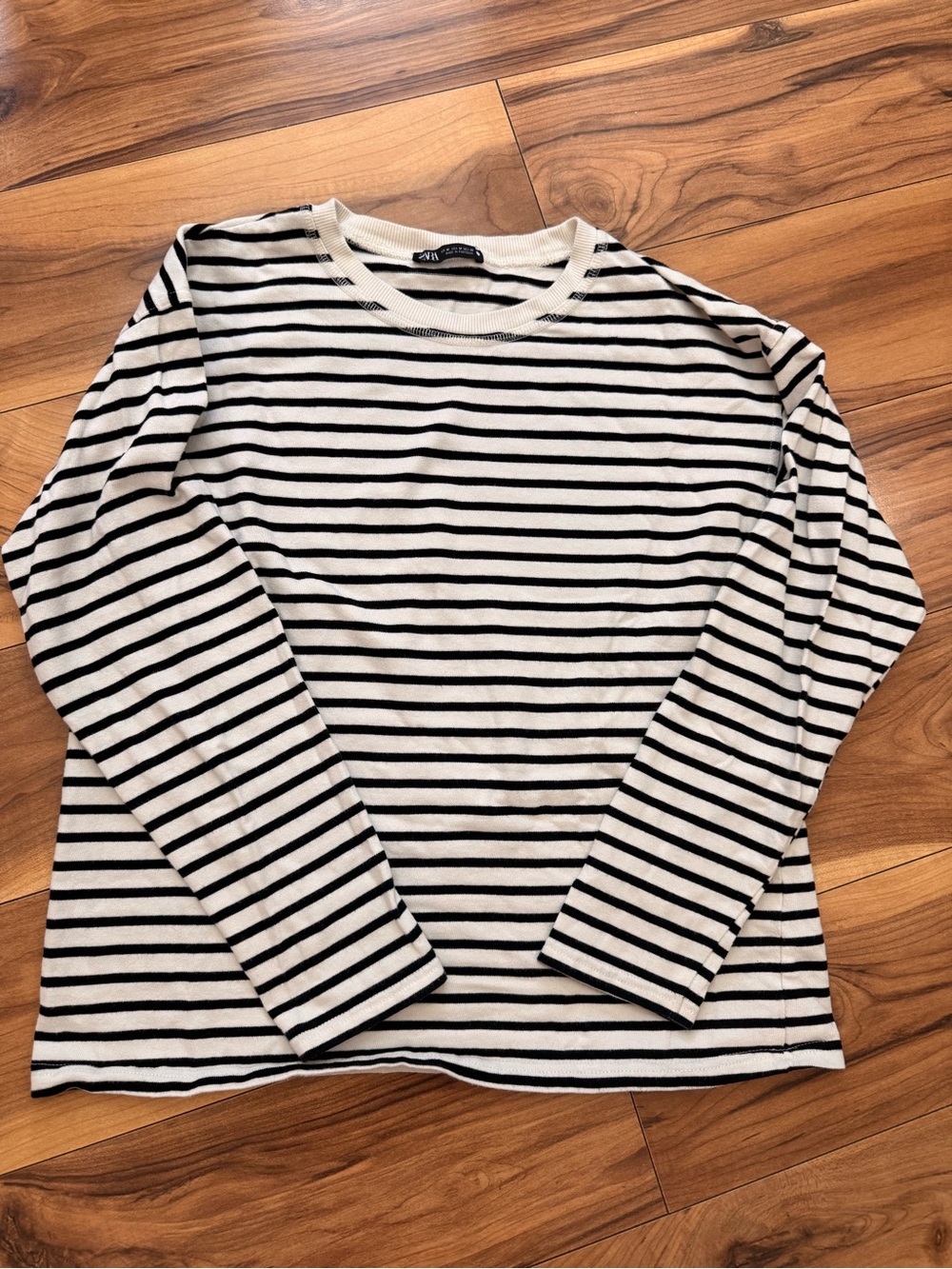 Zara Black & Cream Striped Crewneck Top